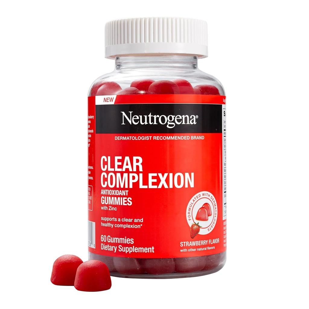 Neutrogena Clear Complexion Antioxidant Gummies with Zink, Daily Skincare Supplement with Vitamin A, C & E for Clear, Healthy Skin + Probiotics, Strawberry Flavor, 60 ct