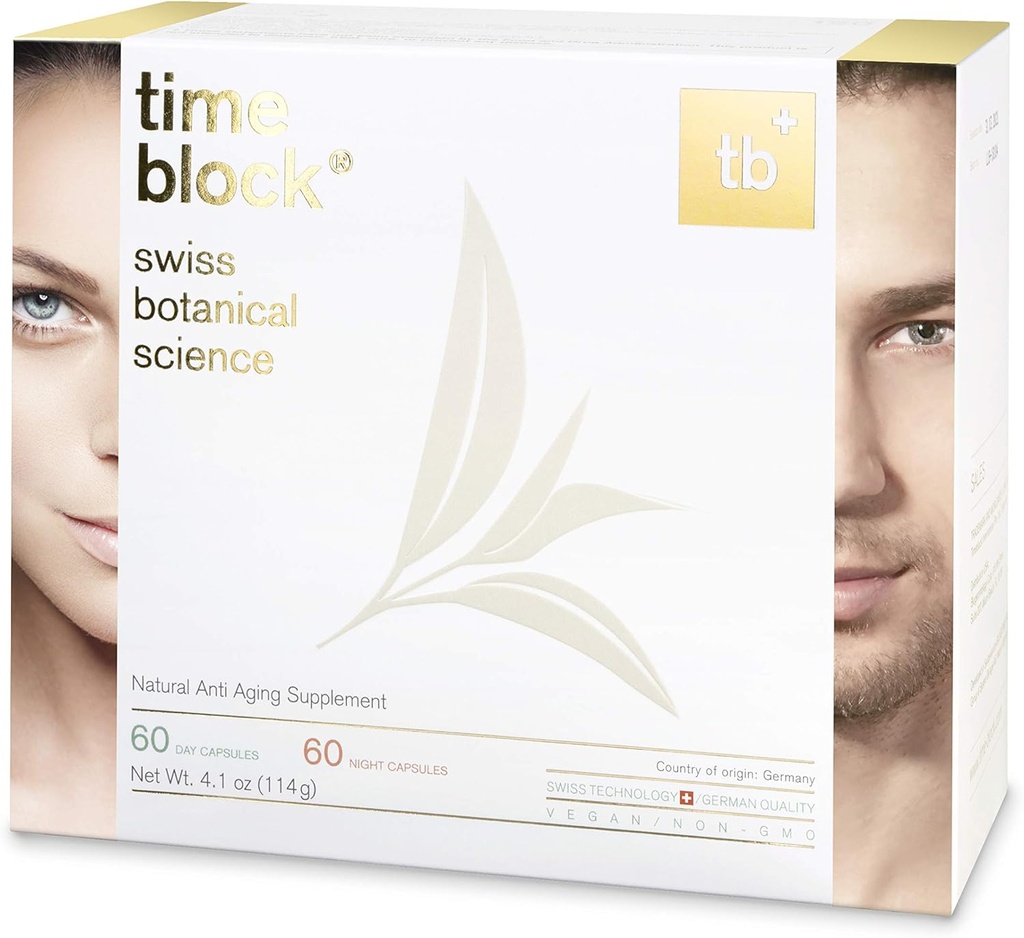 Timeblock® Vital Anti Aging Nutrition by Swiss Botanical Science soutient la réparation de l'ADN et des cellules par l'allongement des télomères pour les hommes et les femmes Booster d'énergie quotidienne 100% végétalien et non-OGM (60 jours)