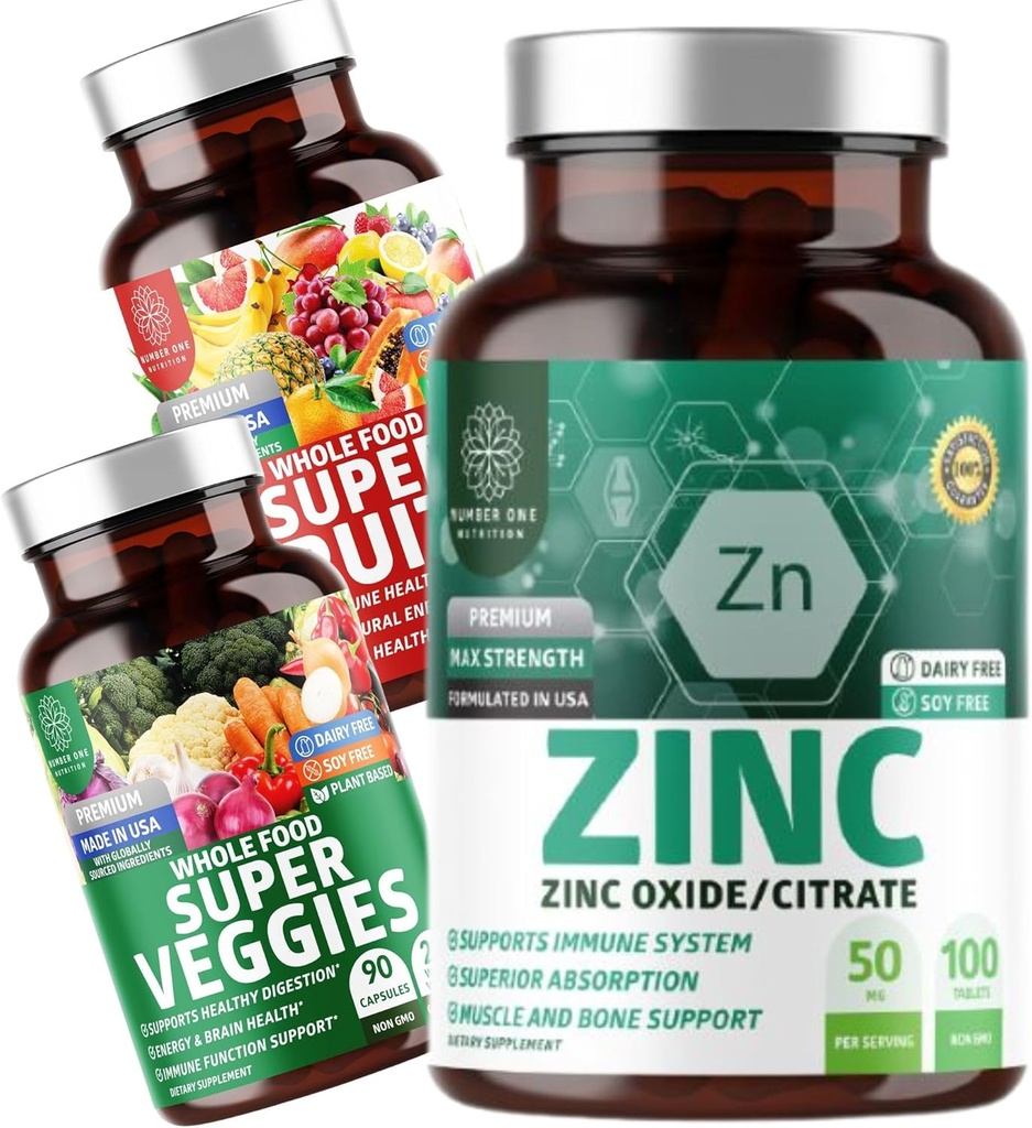 Number One Nutrition N1N Premium Super Fruit & Veggies Supplement [40 Whole Foods, Aloë Vera, Vitaminen] en Zink 50mg [3X Absorptie], 2 Pack Bundle