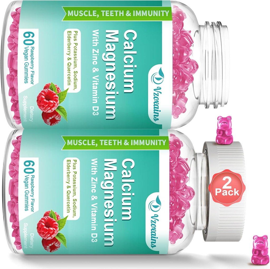 Haute absorption Calcium Magnésium Zinc Gommies avec Magnésium Glycinate 400mg, Supplément sans sucre Calcium Magnésium pour les os et les dents Force, Fonction musculaire - Vegan, 120 Compte