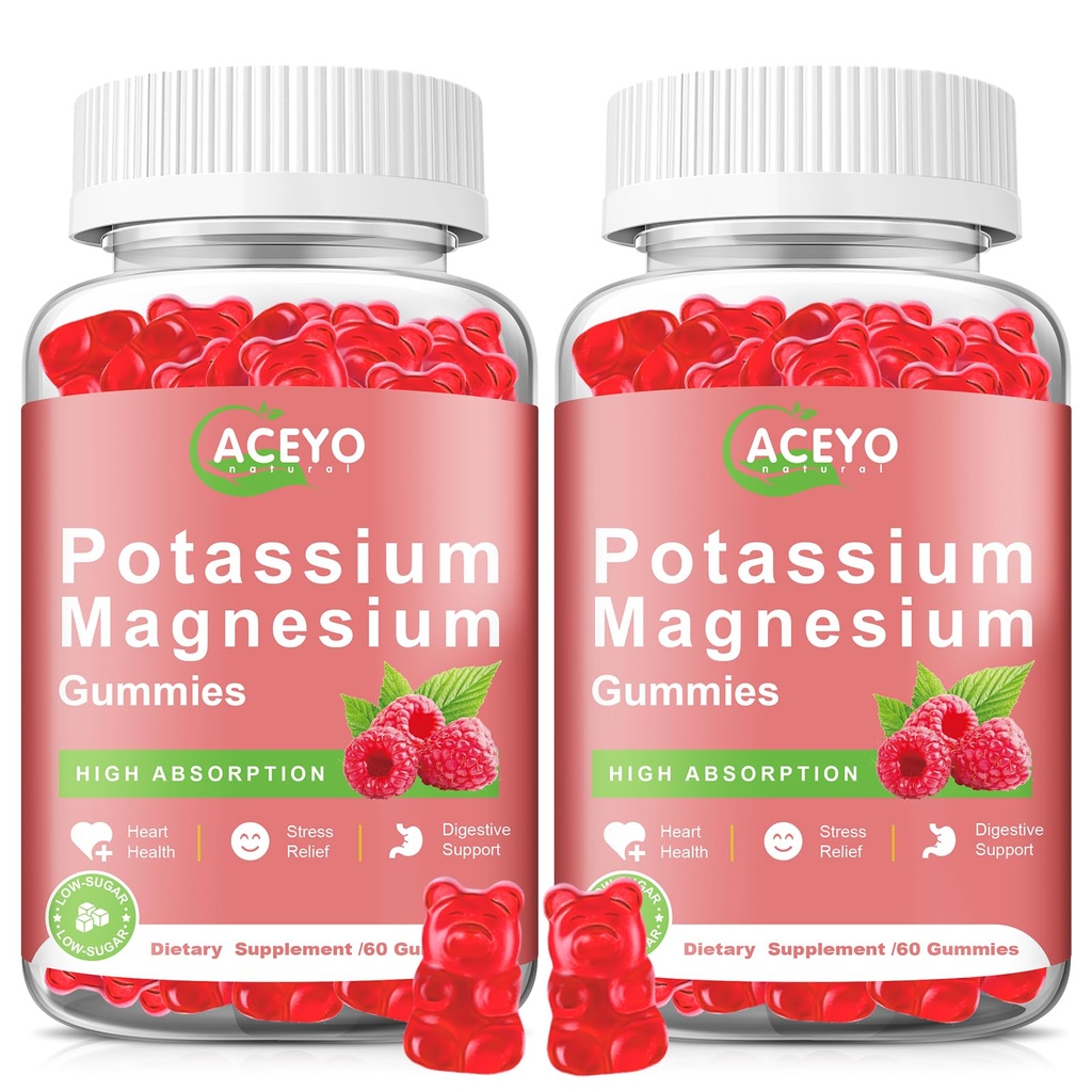 2 Pack Potassium Magnesium Gummies for Adult Kids High Absorption Leg Cramps & Muscle & Heart Health Immune Health Raspberry Magnesium Gummies Chewable Gummy Supplement Vegan Non-GMO