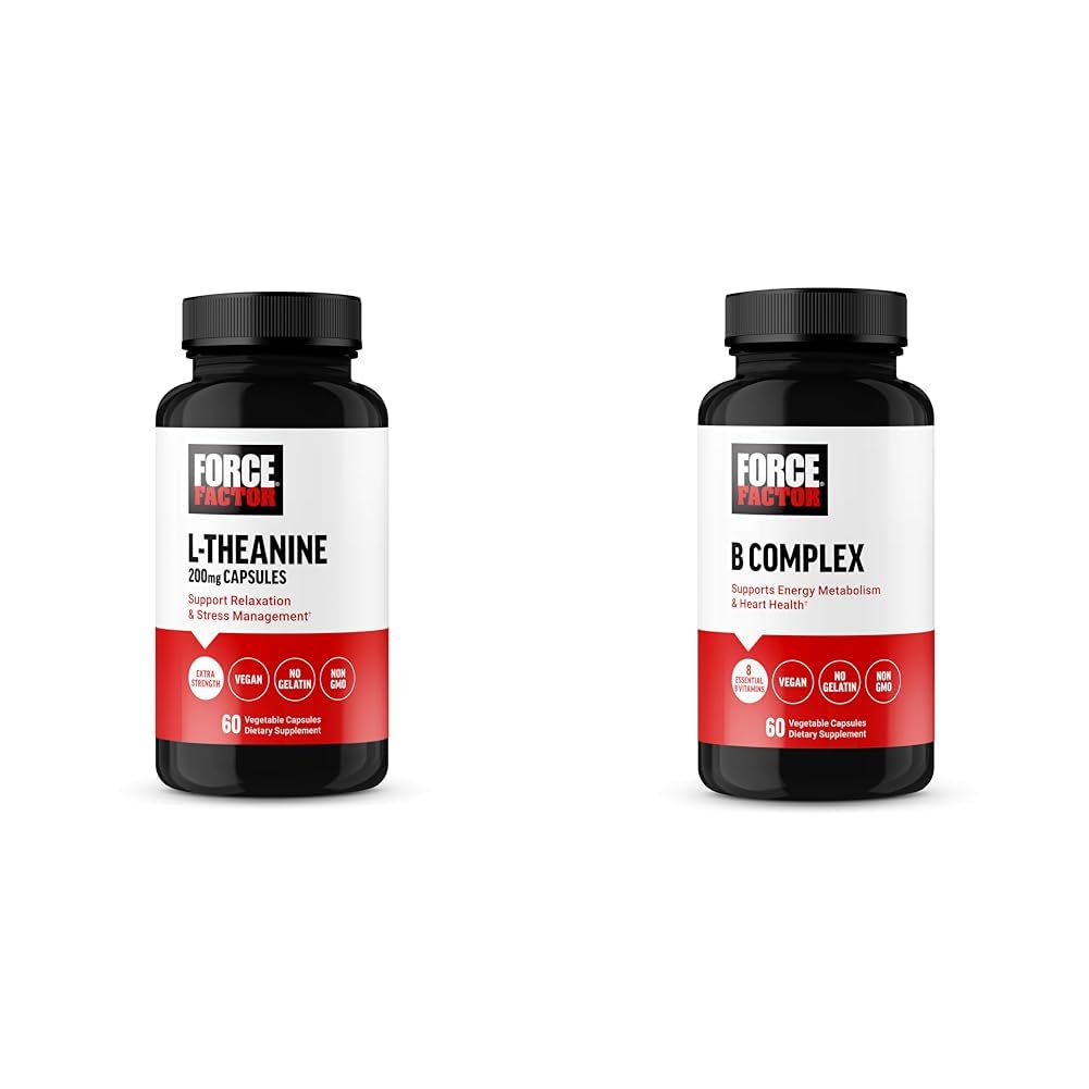 Force Factor L Theanine 200mg en vitamine B complex supplement bundel, 60 capsules elk