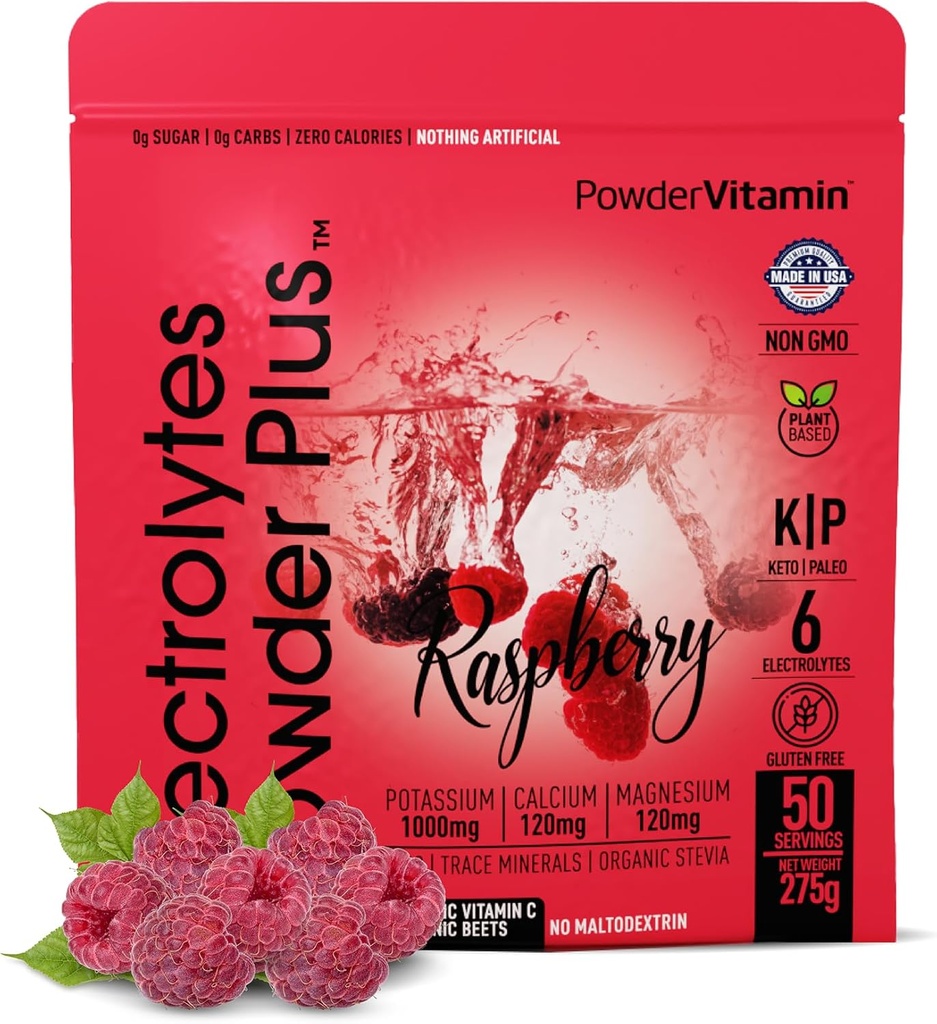 PoederVitamine Elektrolyten Poeder Plus (50 porties) Raspberry Electrolyte Poeder Zero Calorie Keto, 0 Suiker, Geen Maltodextrine,1000mg Kalium,120mg Calcium,120mg Magnesium, Hydratatiepoeder