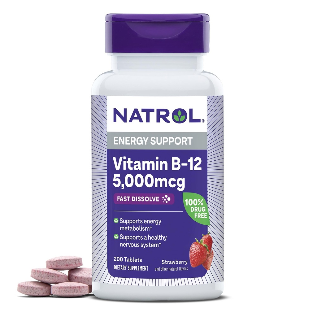 Natrol Vitamine B12 5 000 mcg, Dissolve rapidement Vitamine B12 supplément soutient un système nerveux sain et le métabolisme de l'énergie, 200 comprimés, jusqu'à un approvisionnement de 200 jours