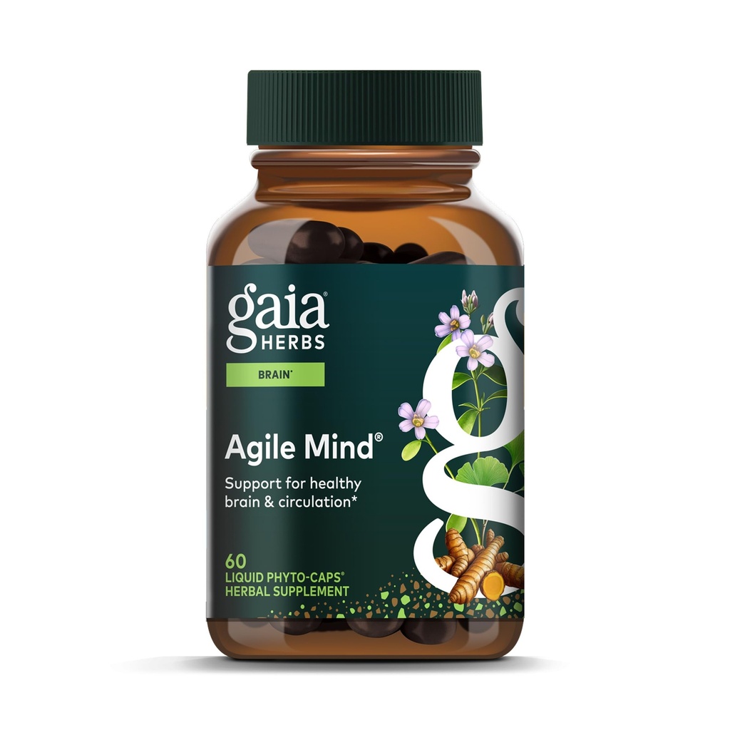 Gaia Herbs Agile Mind - Cerveau et soutien cognitif suppléments à base de plantes - avec racine curcuma biologique, Bacopa, poivre noir, et Ginkgo Biloba - 60 Vegan Liquid Phyto-Capsules (30 jours d'approvisionnement)