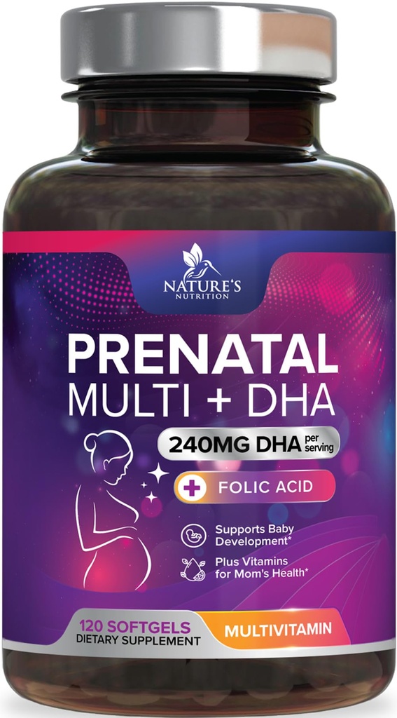 Prenatale vitamines met foliumzuur & DHA, foetale hersenontwikkeling Ondersteuning met folaat & Omega 3's, prenatale multivitamine voor vrouwen, vitamine A, C, D, B6, B12 & ijzer, zwangerschapssupplement - 120 Softgels