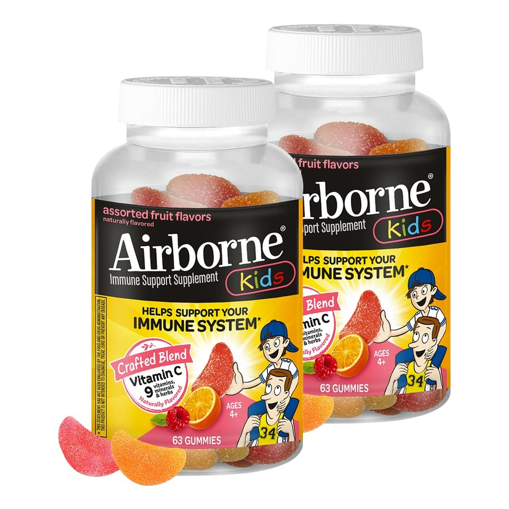 Enfants Airborne 500mg Gommies Vitamine C, Enfants Immune Soutien Gommies de zinc avec puissants antioxydants VIT C & E - 63 Gommies, Arômes de fruits assortis (paquet de 2)