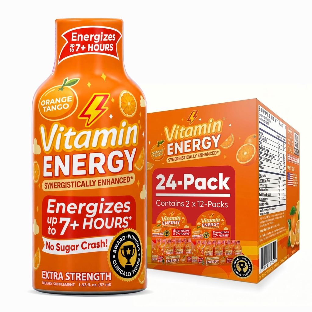 Vitamine Energy Immune+ Extra Strength Energy Shot Orange Burst 24 Pack, 260mg Caféine naturelle, B-Vitamines, Citicoline, Thé vert, Immunity & Focus Support, Zéro Sucre, Sans gluten 1,93 fl oz