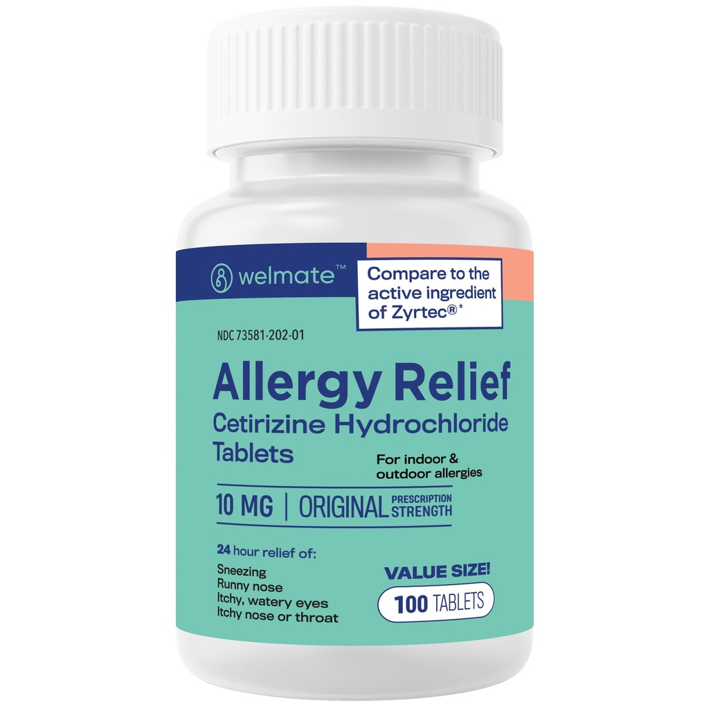 WELMATE - Allergie Relief - Cetirizine HCl 10 mg - 24 uurs Antihistamine - Non Drowsy - niezen - Runny Nose - Itchy Eyes & Throat - Indoor & Outdoor Allergie Relief Tablets - 100 tabletten