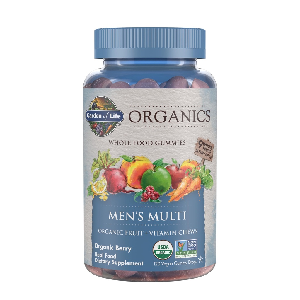 Jardin de la vie Biologique Vitamines Gummy pour homme - Berry - Certifié biologique, non-OGM, végétalien, kasher Complete Multi - Méthyl B12, C & D3 - Sans gluten, sans soja et sans laiterie, 120 pur fruits à mâcher