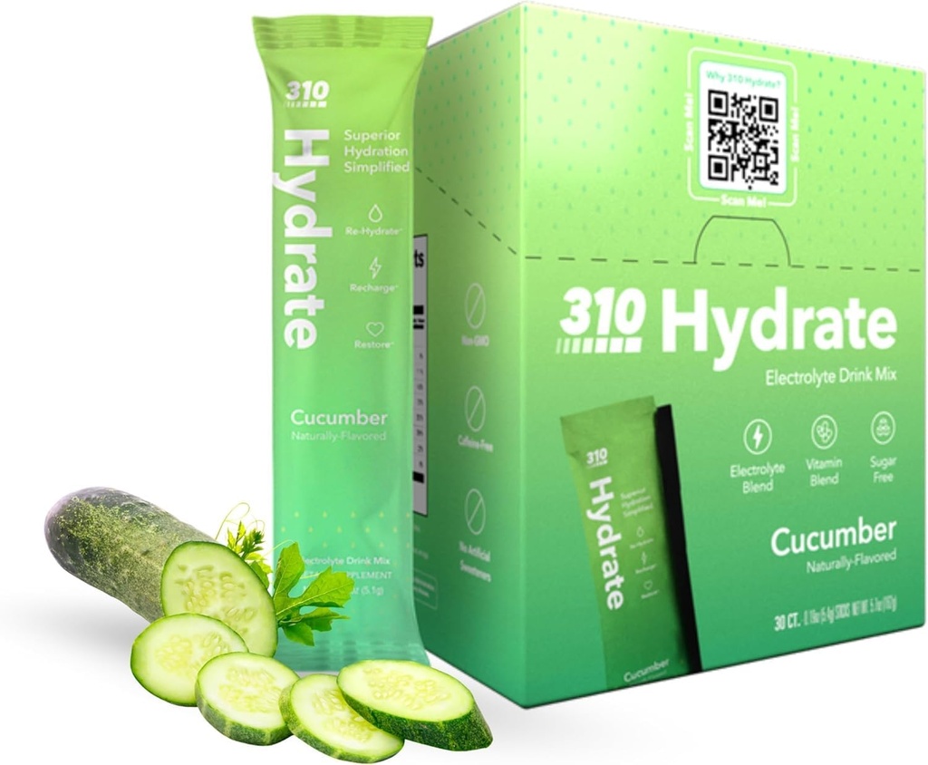 310 Nutrition Sugar Free Electrolytes Powder - Instant Hydration Packets for Daily Fluid Balance - Cafeine-Free Rehydration Drink Mix w/ Vitamins, Low Calorie & Keto Friendly - Cucumber 30 Singles