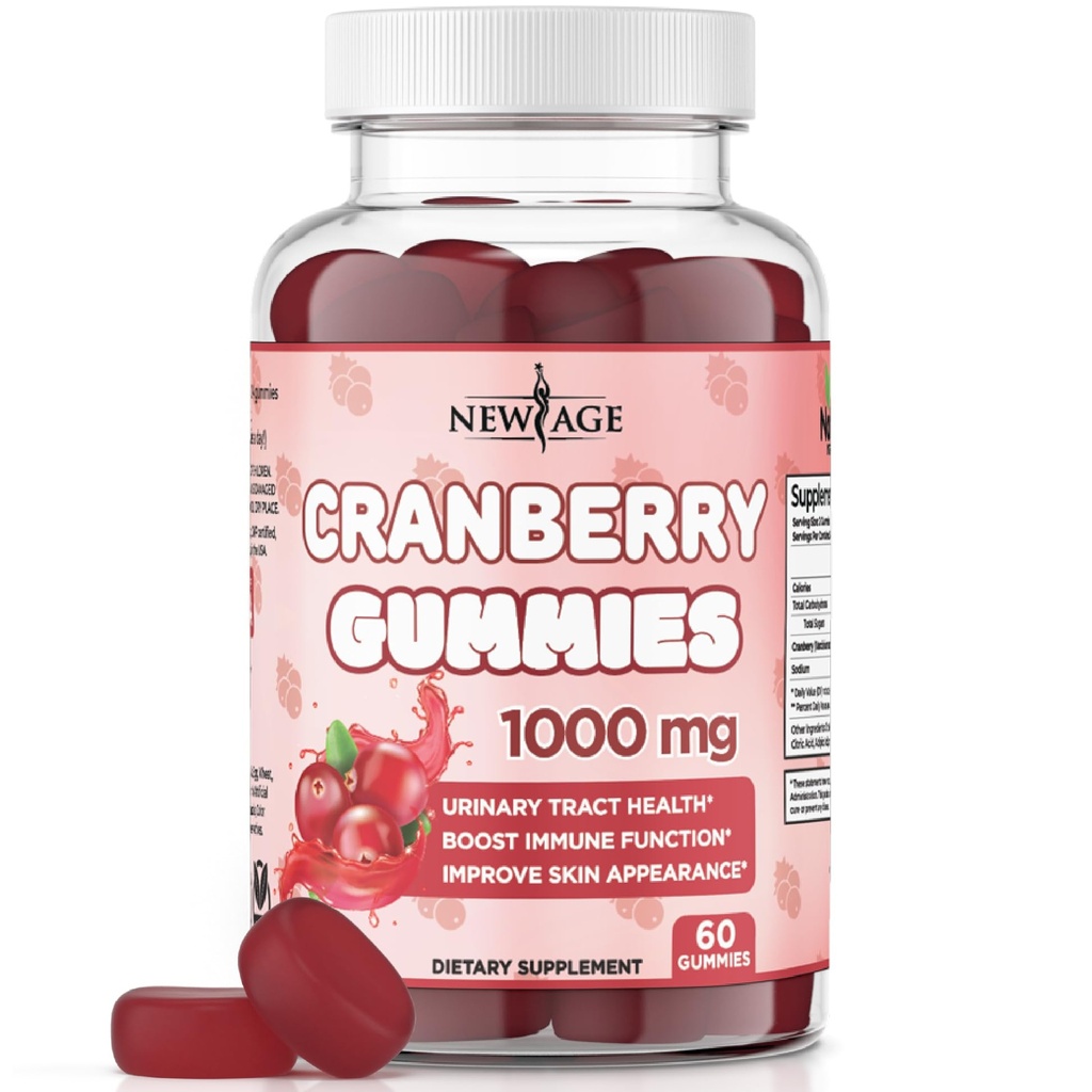 NIEUWE AGE Cranberry Gummies Urine Tract Health Gummies 1000mg - Ondersteunt Bladder, Nier, UTI - Vegetarisch (Cranberry 60 Gummies)