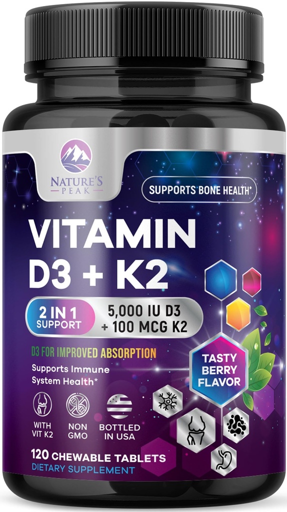 Vitamine D3 K2 - 5000 ie Vitamine D3 & 100 mcg Vitamine K2 (MK-7) Complex for Immune Support - Bone, Teeth & Muscle Health Support - Berry Chewable, Gluten Free, Non-GMO, Bottled in USA - 120 Tablets