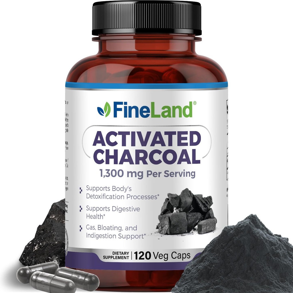 FineLand geactiveerde Charcoal 1300mg - Advanced Dispensive Detox Cleanse, Helpt met gas en opgeblazen, Circulatie & Cholesteroal Support - Made in USA, 120 Vegan Pillen