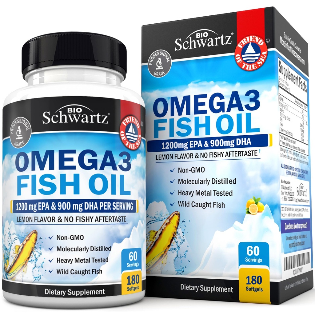 Triple Strength Omega 3 Visolie Supplement - 2250mg EPA DHA Omega 3 Vetzuren van verse wilde gevangen vis, Burpless citroen smaak Formule ondersteunt ooggezondheid en meer, Glutenvrij, 180 Softgels