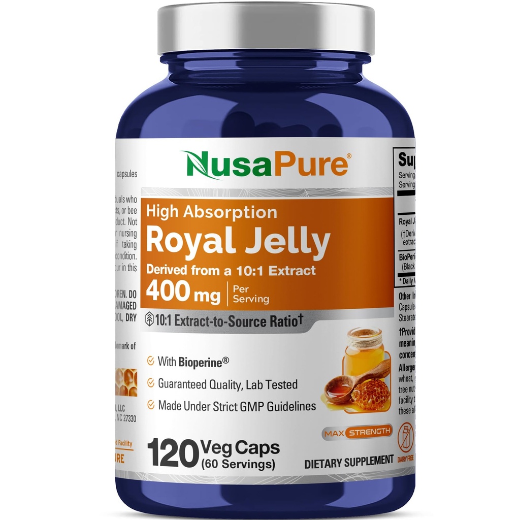 NusaPure Royal Jelly 10:1 Extract, 400 mg Equivalent aan 4000mg - 120 Veggie Capsules (Non-GMO, Glutenvrij, Bioperine)