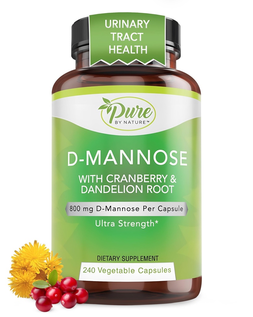 Pure By Nature 600mg D-Mannose Vegan Capsules met Cranberry & Dandelion Extract, Urinaire Tract Health Support, Flush Impurity, Detox Body, 240 Tellen
