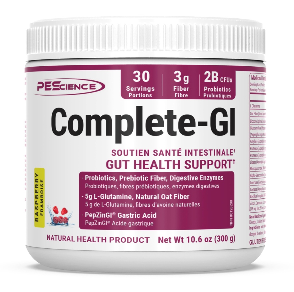 PEScience Complete-GI Gut Health Powder, Probiotica voor vrouwen en mannen, Digestieve enzymen, Prebiotic Fiber, L Glutamine, Pepzin GI Zink Carnosine, Raspberry Flavor, 30 porties