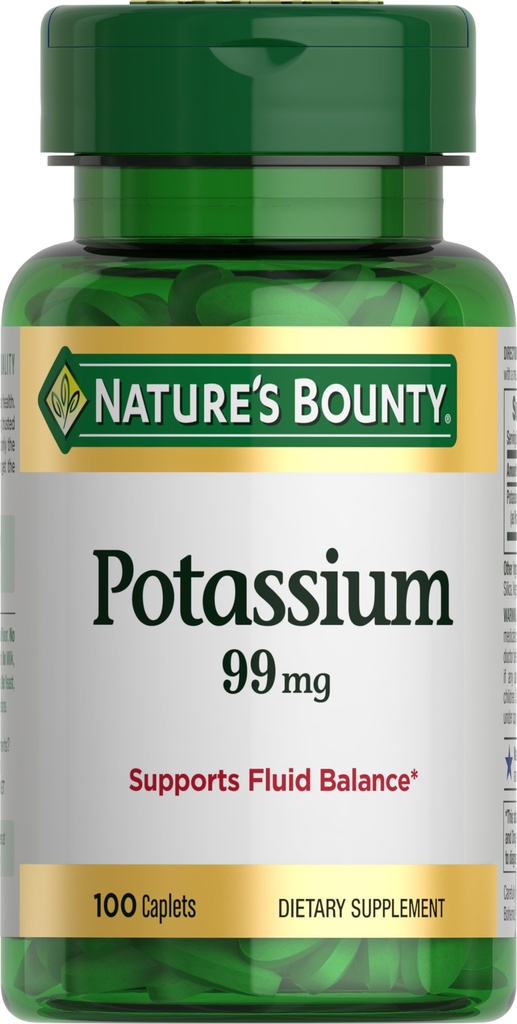 Nature's Bounty Kalium 99mg, Ondersteunt Vochtbalans en Spieractiviteit, Betrokken bij normale hartfunctie, Kalium Gluconaat Dieetsupplement, Glutenvrij, 1 per dag, 100 Vegetarische Capleten