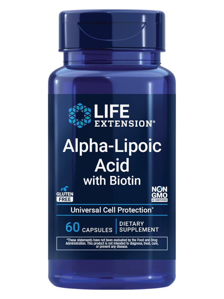 Extension de vie acide alpha-lipoïque avec biotine, pour la protection cellulaire, antioxydant universel pour la santé du foie et des nerfs, sans gluten, sans OGM, 60 capsules