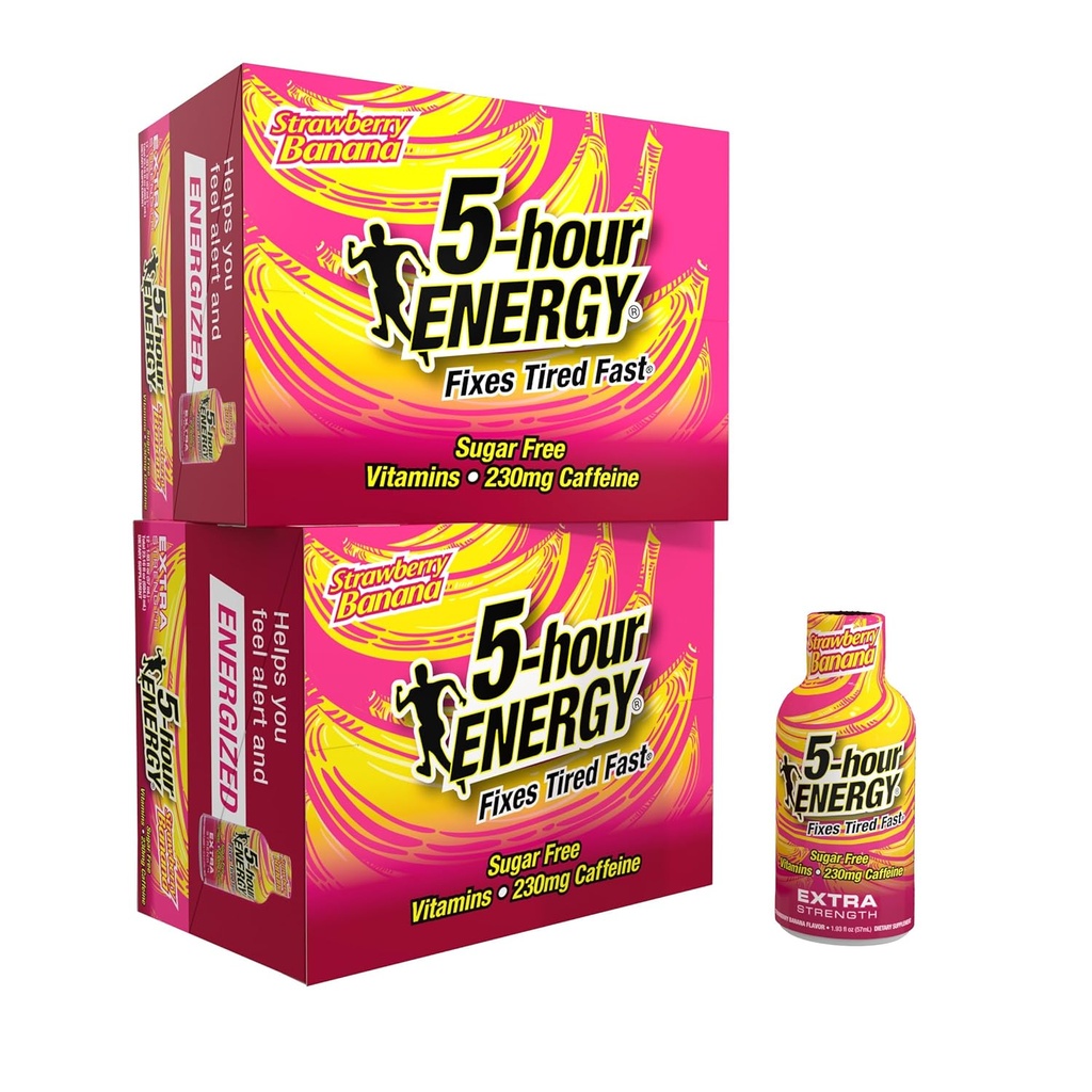 5-uur energie extra kracht energie schot, aardbei banaan smaak (1,93 oz., 24 telling) suikervrije & nul calorieën, B-vitaminen & Aminozuren, 230 mg cafeïnehoudende energie schot, Dieetsupplement
