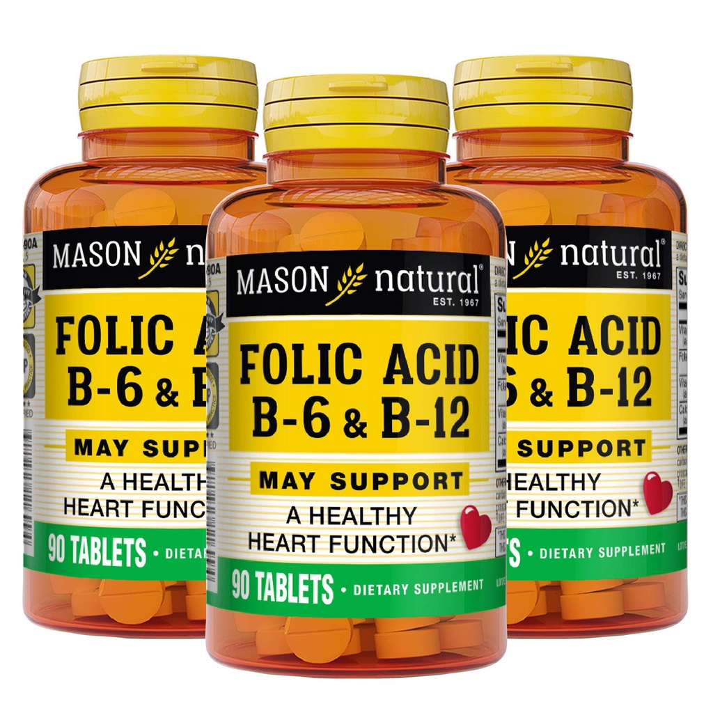 MASON NATUURLIJKE Hartformule B6/B12/Foliumzuurtabletten, Dieetsupplement Ondersteunt Cardiovasculaire Gezondheid, Red Blood Cell Formation, Metabole Functie, 90 Tellen (Terug van 3)