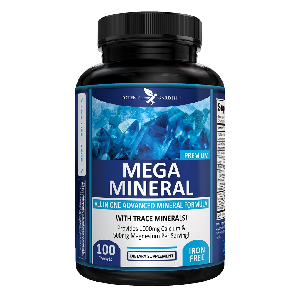 Potent Garden Mega Mineral Supplement Complexe minéral complet avec Calcium Magnésium Zinc Potassium Boron Sélénium Chrome & 72 Trace Minerals Supplément de calcium sans fer -100 pilules