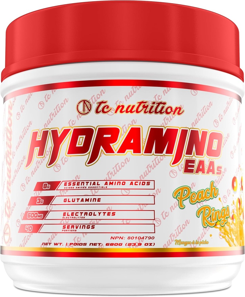 Hydroamino EAA + BCAA Powder - 40 Servers - Essential Amino Acids Supplement & Electrolyte Powder for Recovery, Strength, & Hydration, 7g BCAAs, 8g EAAs, 600mg Electrolytes (Vegan, Peach Rings)