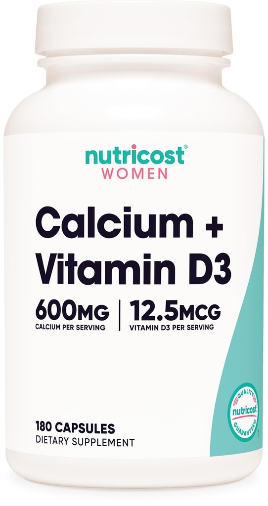 Nutricost Calcium (600mg) + Vitamine D3 (12.5mcg) voor vrouwen, 180 Capsules - Vegan, Non-GMO, Glutenvrij - 60 Servers