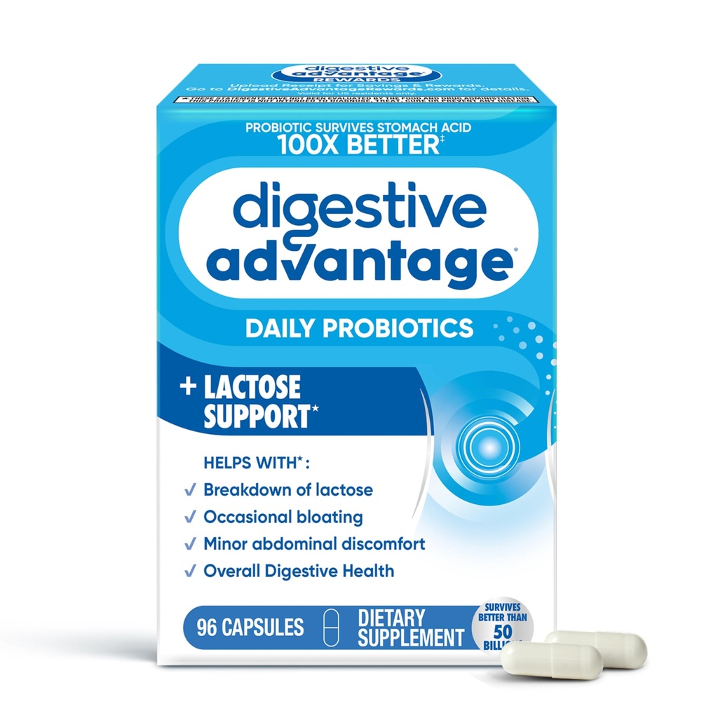 Avantage digestif Capsules de défense contre la lactose (96 Compte en boîte), aide à briser la lactose et à se défendre contre l'attaque digestive, soutient la santé digestive et immunitaire, UFC