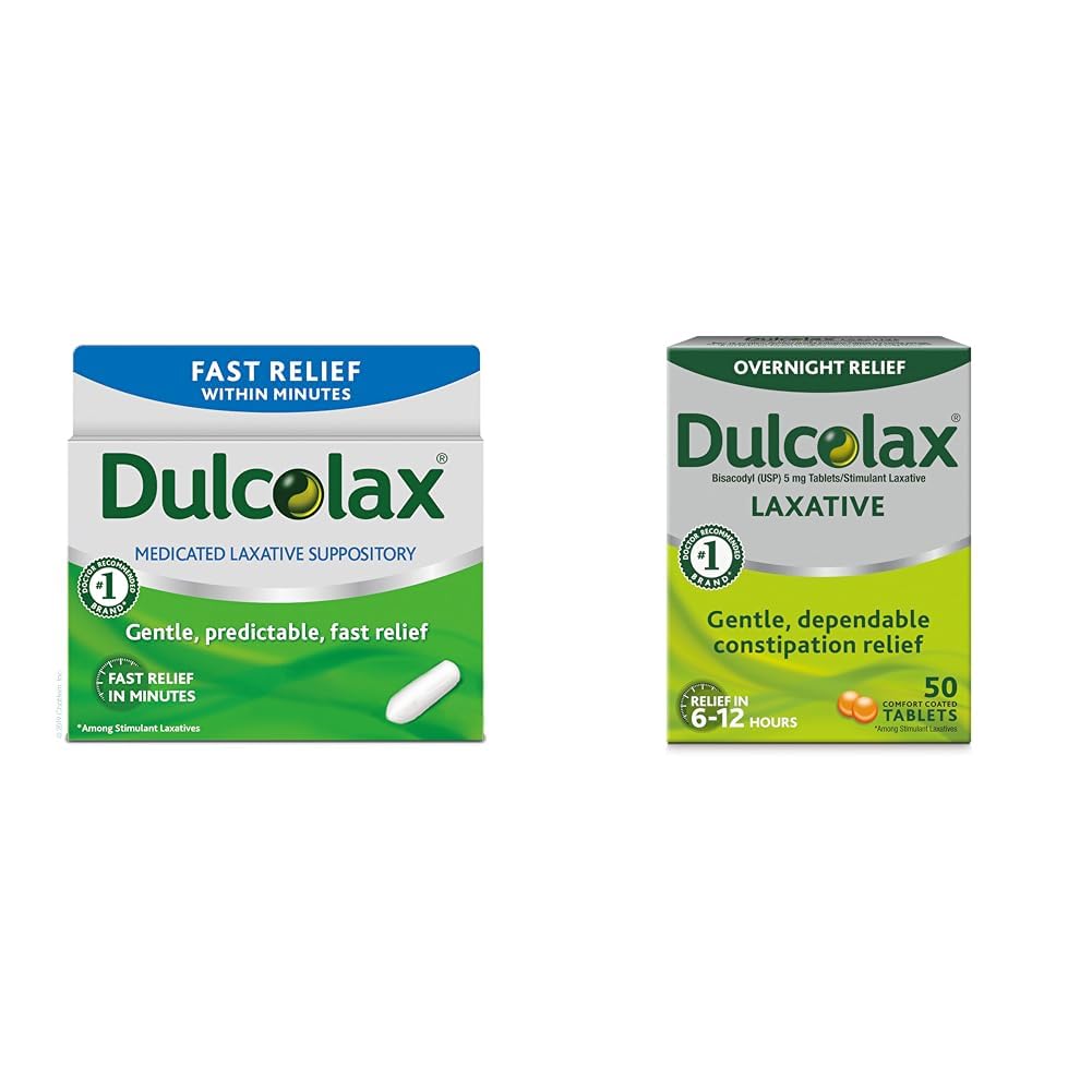 Dulcolax Soulagement rapide Suppositoires médicamentées Laxatives Soulagement rapide, Usage rectal seulement, Bisacodyl, 10 mg et Soulagement de nuit pour soulager la constipation douce, Bisacodyl 5 mg Comprimés, 50 Compte