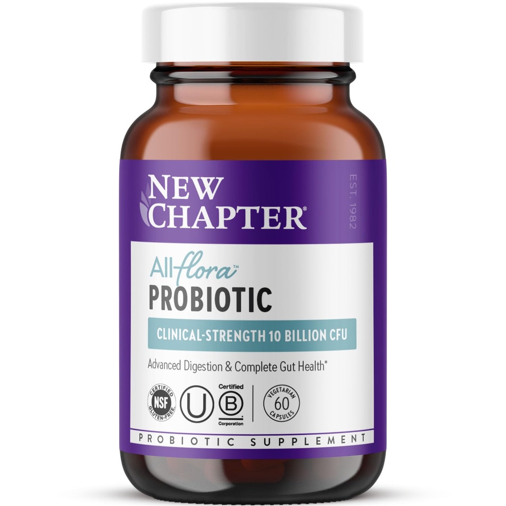 Nieuw hoofdstuk Probiotische All-Flora - 60 ct (2 maanden Supply) for Advanced Digestie & Complete Gut Health with Prebiotica + Postbiotica, Klinisch bestudeerde Strains, 100% Vegan, Non-GMO, Plank Stable
