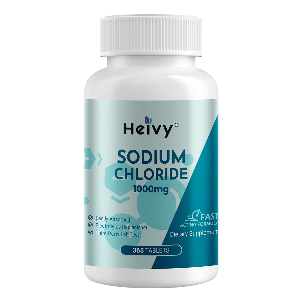 Heivy Sodium Chloride Tablets 1000mg - Pure Salt Tablets, 365 Tablets, Sodium Chloride, Non-GMO - Electrolyte Balance and Hydration Support, Electrolytes Replenisher Hydration Drink