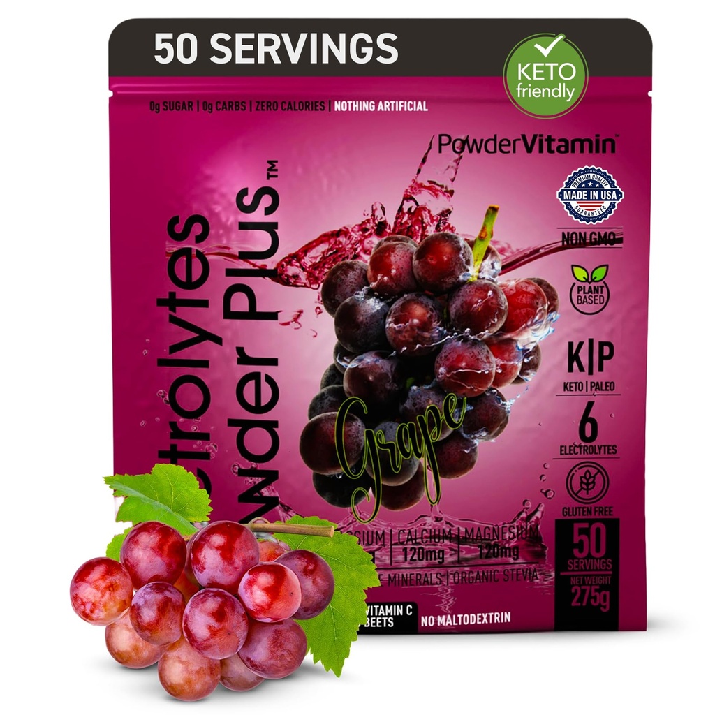 PoudreVitamine Electrolytes Poudre Plus (50 portions) Électrolyte de raisin Poudre Zéro Calorie Keto, 0 Sucre, Pas de Maltodextrine,1000mg Potassium,120mg Calcium,120mg Magnésium, Poudre d'hydratation