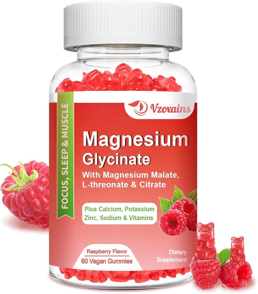 Magnesium Glycinate Gummies 600 mg, Magnesium Gummies voor volwassenen en kinderen, Ondersteuning voor ontspanning en spier, 60 Raspberry Flavored Gummies