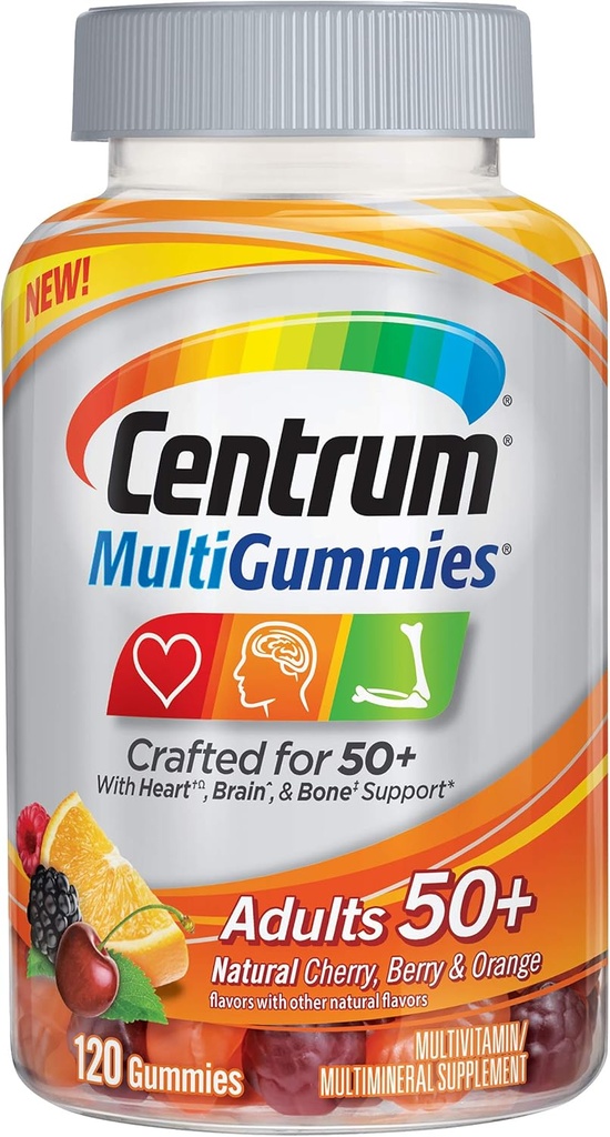 Centrum MultiGummies Volwassenen (120 Telling, Natuurlijke Kers, Berry, Orange Flavor) Multivitamine/Multimineral Supplement Gummies, Vitaminen B12, D, E, Leeftijd 50+