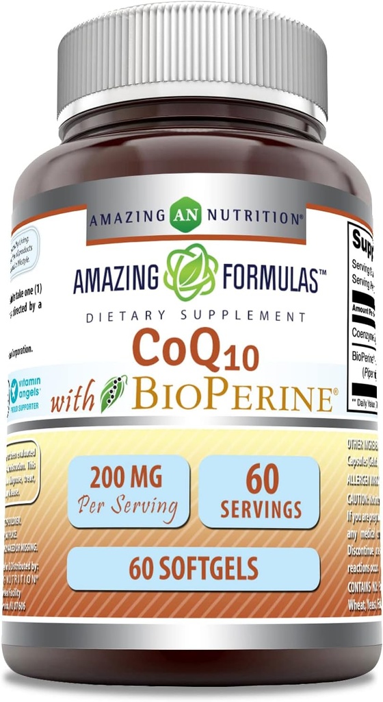 Formules étonnantes CoQ10 avec supplément de bioperine $ 200 Mg par service $ 60 Softgels $ Non-GMO $ Sans gluten $ Fabriqué aux États-Unis