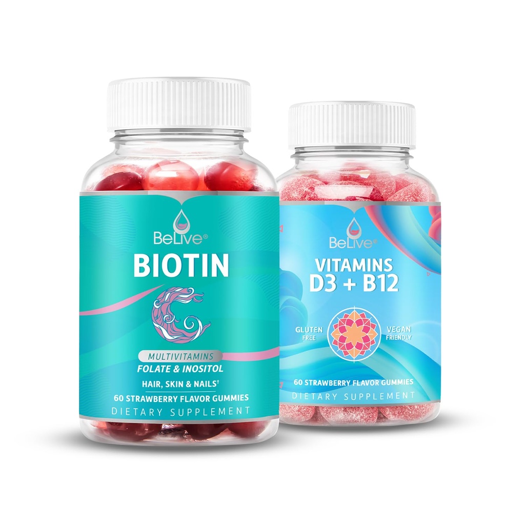 Belive Biotine en Multivitamine D3 & B12 bundel voor haargroei, gezonde huid en nagels, verbeterde bot & spierkracht, Hearth Health en energie