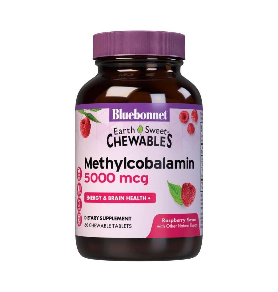 Bluebonnet Nutrition EarthSweet méthylcobalamine 5 000 mcg Coenzyme active Forme de vitamine B12 soutient l'énergie et le métabolisme - végétalien, sans gluten - framboise - 60 comprimés à croquer