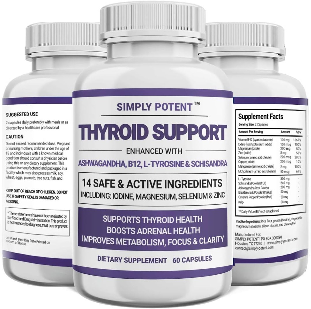 Simply Potent Thyroïde Support & Adrénal Support Supplément 2-en-1 Formule naturelle avec Iodine & Ashwagandha pour l'énergie, le métabolisme, Focus pour les femmes et les hommes, 60 capsules