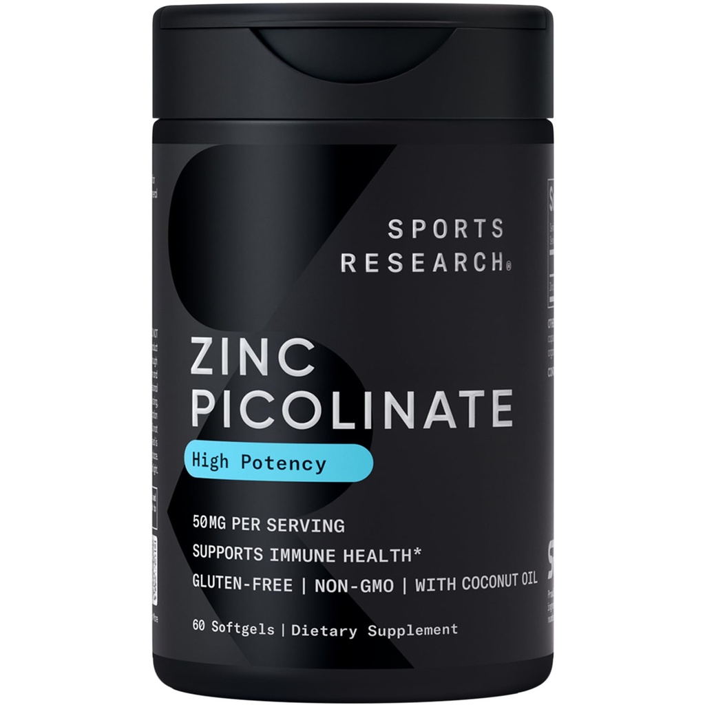 Recherche sportive Picolinate de zinc 50mg avec de l'huile de coco biologique. Supplément de zinc hautement absorbant pour une fonction immunitaire saine - Non-OGM Vérifié, sans gluten et sans soja (60 softgels liquides)