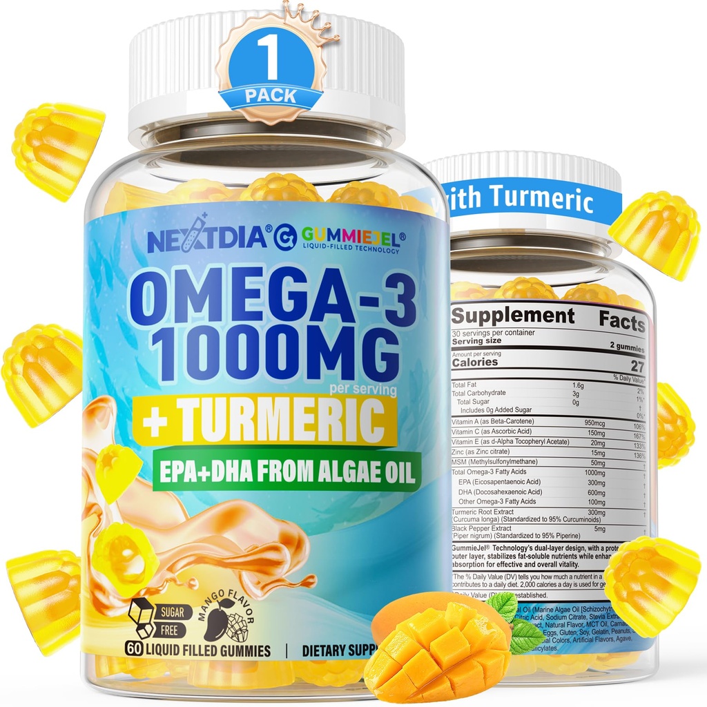 Vegan Omega-3 Gummies 1000mg + Kurkuma - Omega 3 Visolie alternatief voor volwassenen - Algen DHA 600mg & EPA 300mg, Vitaminen A, C, E, Zink & MSM, Suikervrij, 60 Ct