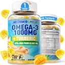 Vegan Omega-3 Gummies 1000mg + Kurkuma - Omega 3 Visolie alternatief voor volwassenen - Algen DHA 600mg & EPA 300mg, Vitaminen A, C, E, Zink & MSM, Suikervrij, 60 Ct