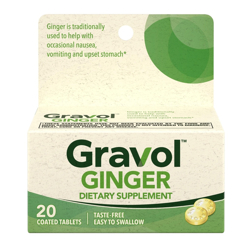 Gravol Ginger Tabletten voor Misselijkheid en Misselijkheid, 20ct