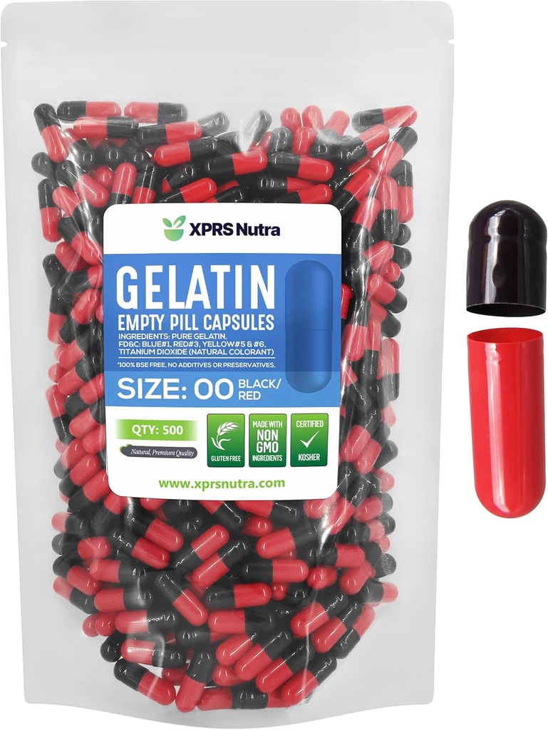 XPRS Nutra Formaat 00 Lege capsules - 500 Telle Lege Gelatine Capsules - Pillen DIY Capsule Vulling - Vulbare Pill Gel Caps voor Do-It-Yourself Supplements (Zwart/Rood)