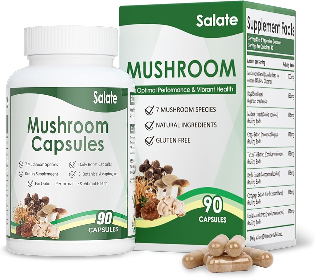 Salate Lion's Mane Supplement Biologische Paddenstoel Extract voor Geheugen en Focus, Immune Support Hersencapsules, 100% Fruit Body Extracten, Geen Mycelium Vegan Mushroom Supplement (90 Caps)