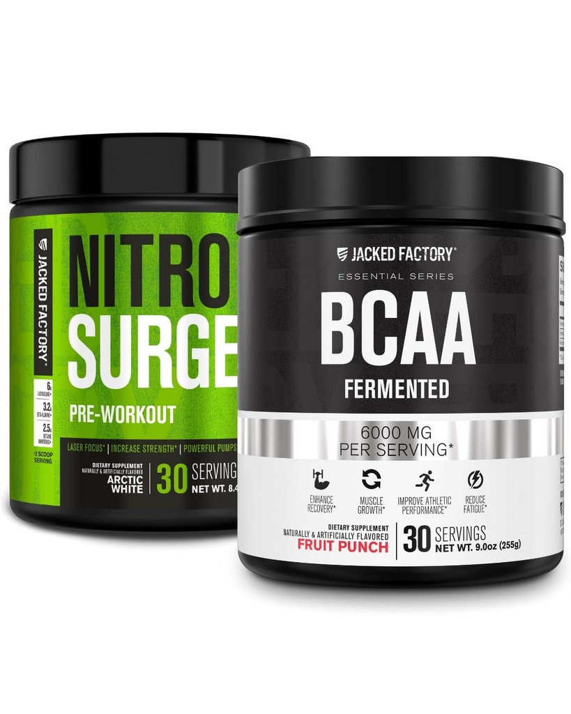 Jacked Factory Nitrosurge Pre-workout in Arctic White & BCAA in Fruit Punch voor spieropbouw en herstel