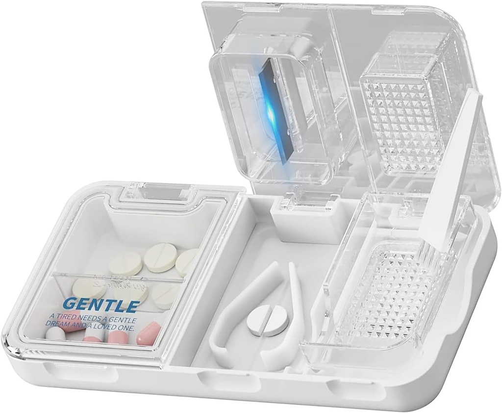 CFMOUR 3-in-1 Pillensnijder Splitter voor kleine en kleine pillen, Crusher, Grinder voor groot, dagelijks gebruik, veilig snijden pillen, vitamines, tabletten, nauwkeurig en gemakkelijk snijden, reizen Sized, wit