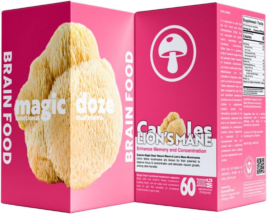 Magic Doze™ Lion’s Mane Mushroom Capsules – 100% Fruiting Body for Focus, Memory & Brain Health – 500mg per Capsule, 60 Vegan Capsules