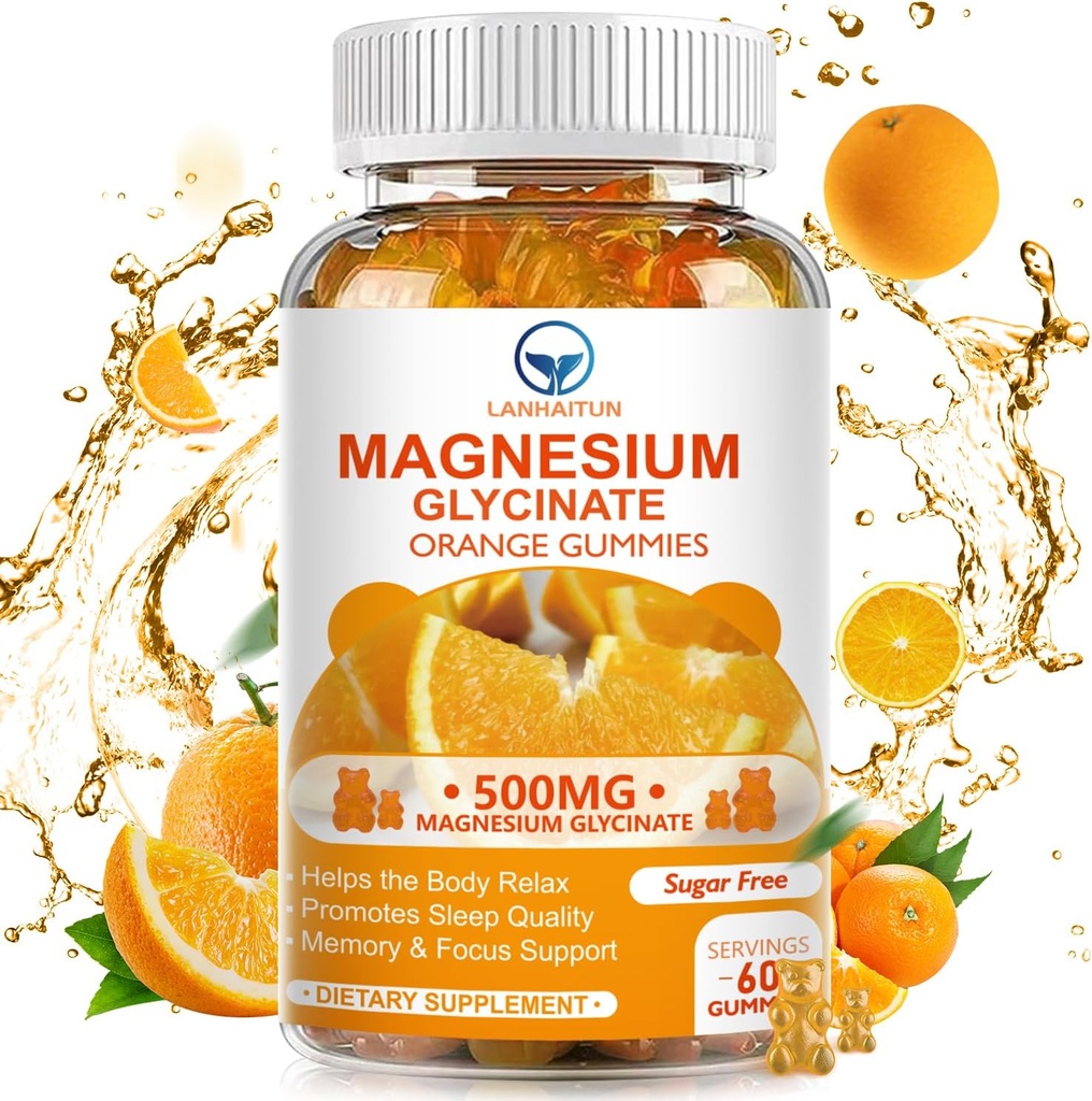 Magnesium Glycineer 500mg Gummies met 100mg Magnesium L-Threonaat voor volwassen kinderen,Magnesium Gummies Suikervrij Magnesium Kalium Supplement met Vitamine D,B6,CoQ10 (60 Pack, Oranje)